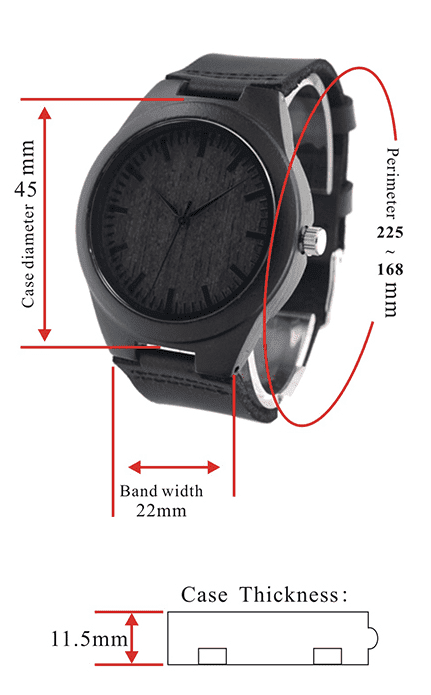 Mens Black Wooden Watch With Real Leather - Quartz, Natural Ebony Wood