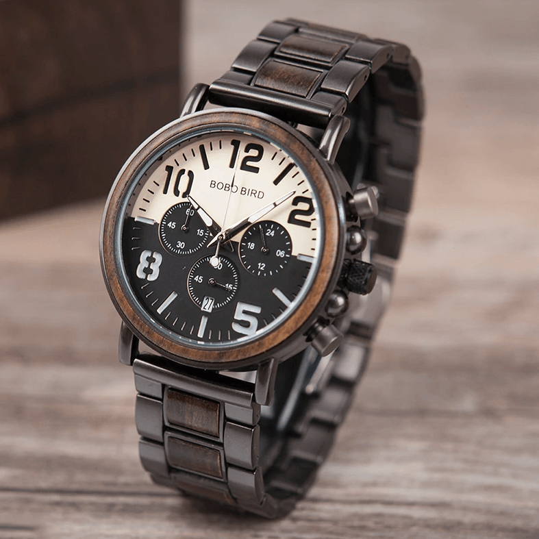 Wooden Stainless Steel Watch Mens Water Resistant Chronograph