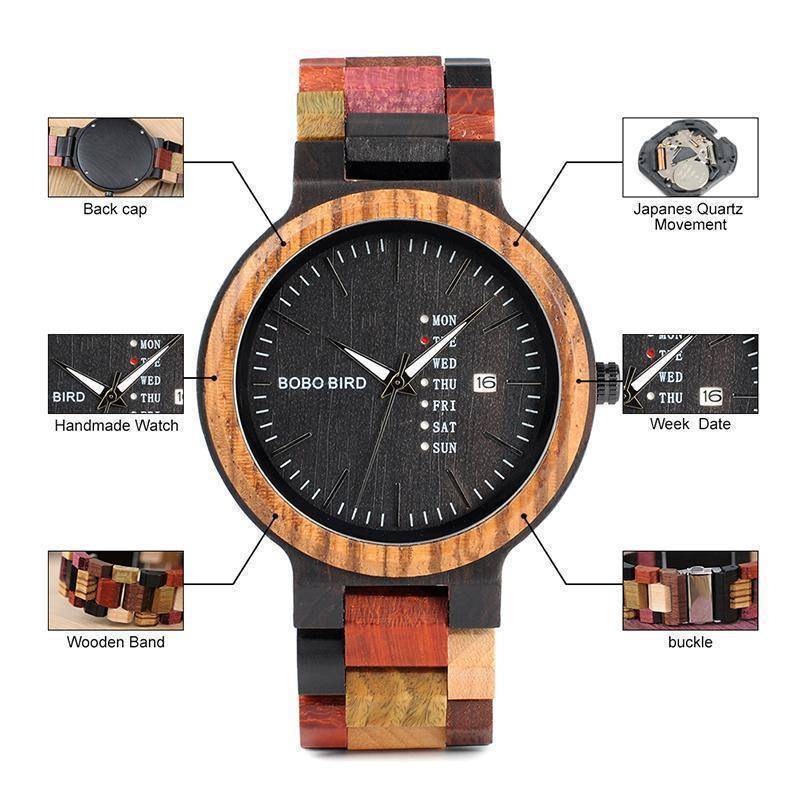 Mens Wooden Watch With Week Date Display in Wood Gift Box