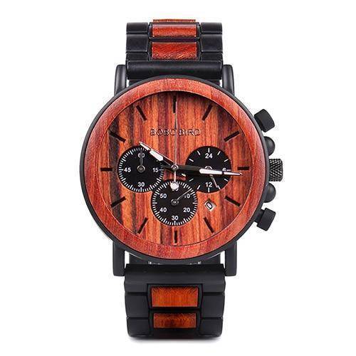 Wood and Stainless Steel Wooden Watch w/ Luminous Hands Mens Quartz Wristwatch