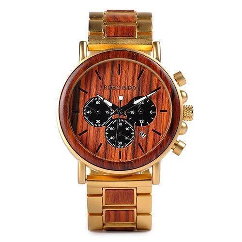 Wood and Stainless Steel Wooden Watch w/ Luminous Hands Mens Quartz Wristwatch