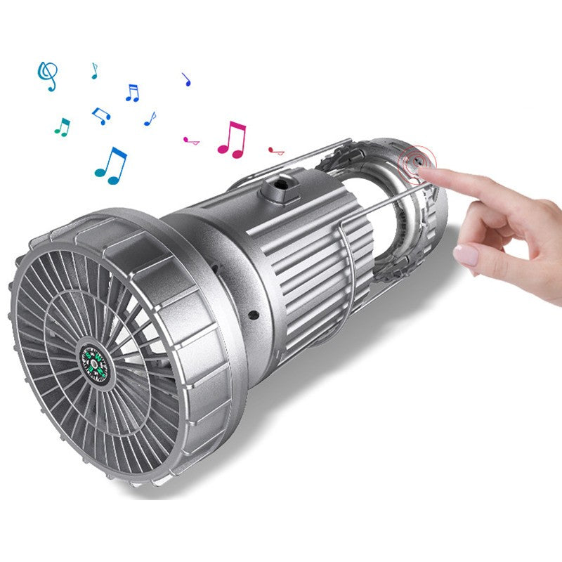 Multifunction Solar Camping Light with Fan, Bluetooth Speaker, Power Bank & Compass
