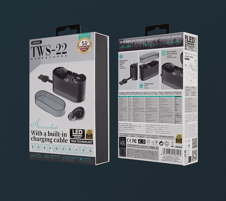 True Wireless Stereo TWS Bluetooth Earbuds, with Built-in Charging Cable, Bluetooth 5.0 & Long Battery Life, for Work, Study & Sports