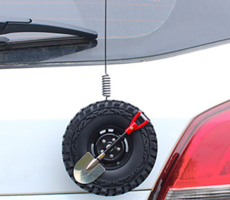 Car Decoration Gadgets, with Mini Simulation Spare Tire, Shovel, Antenna & Base, Compatible with Vehicles of All Makes and Models