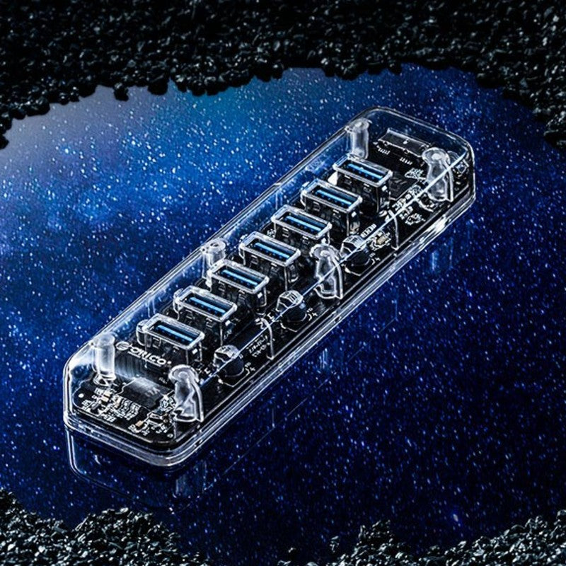7-in-1 Transparent USB3.0 Hub with Power Supply Port, for Office, Study, Game and More