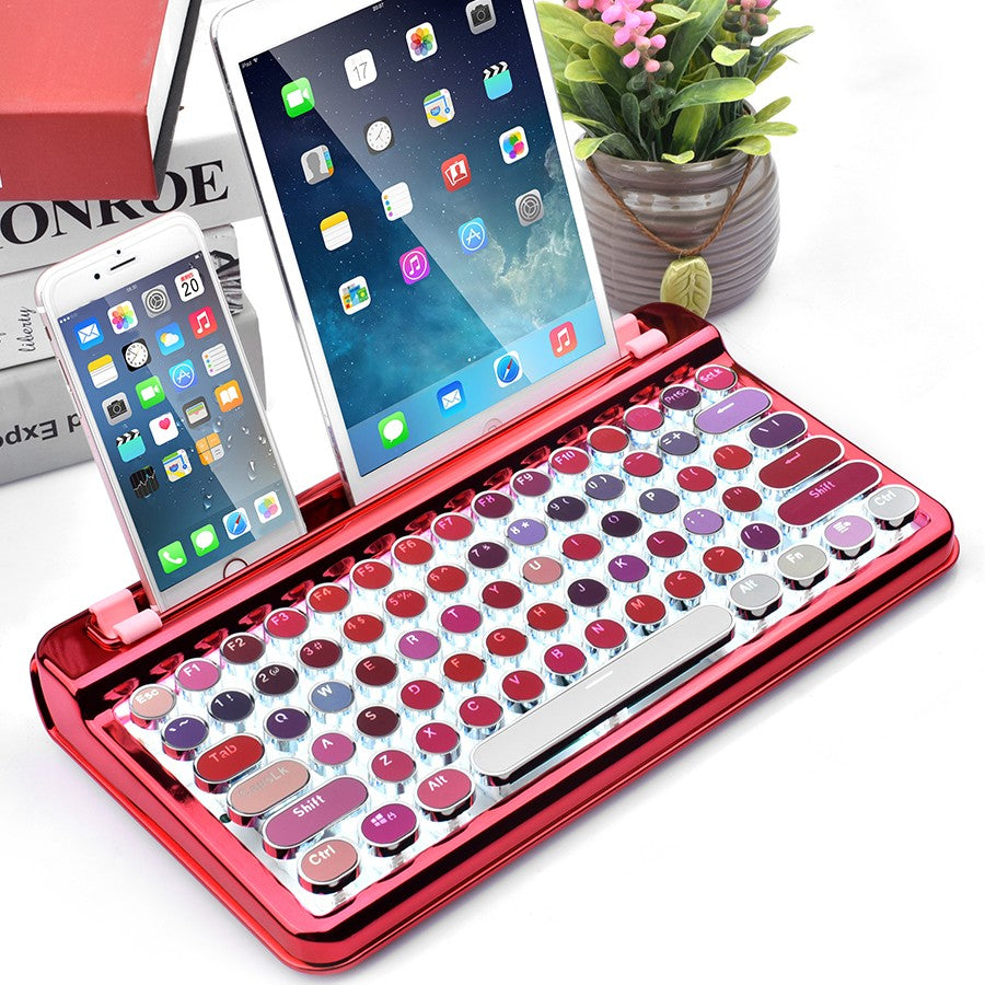 Portable Bluetooth Wireless Mechanical Keyboard, with 76 Keys, Dual Connection Modes, Ergonomic Design, Phone/ Tablet Holder and Cool Light, for Study & Work