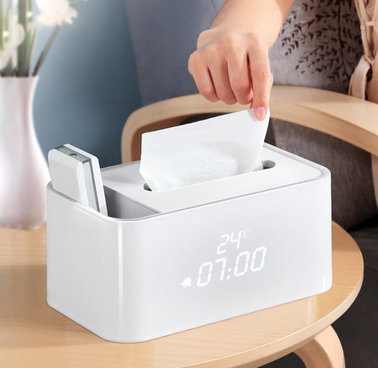 Multi-Function Smart Electronic Alarm Clock Tissue Box, with Indoor Thermometer and Sound Control Design, Suitable for Bedroom, Living Room, Kitchen & Office