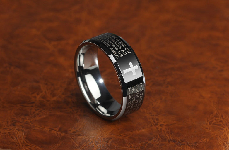Personality Men's Black Tungsten Alloy Ring with Cross, No Fading, Scratch Resistant & Multiple Polishing
