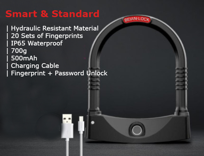 Rechargeable Smart Keys-free U-shaped Fingerprint Lock with Double Lock Technology, Smart Chip, Waterproof, Anti-rust, for Motorcycle, Bicycle, Electric Car & More