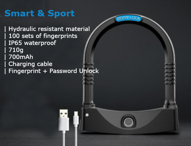 Rechargeable Smart Keys-free U-shaped Fingerprint Lock with Double Lock Technology, Smart Chip, Waterproof, Anti-rust, for Motorcycle, Bicycle, Electric Car & More
