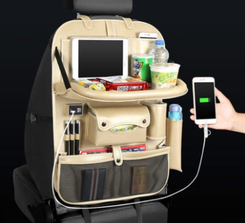 Multifunctional Car Seat Back Large Capacity Storage Bag with 4 USB Charging Ports, Retractable Tray, Tablet Holder, Tissue Storage, Cup Holder, Large Storage Bag and More