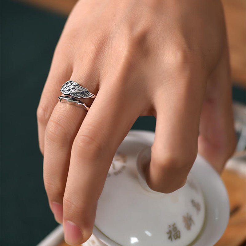 Adjustable 925 Sterling Silver Angel Wing Ring For Men And Women