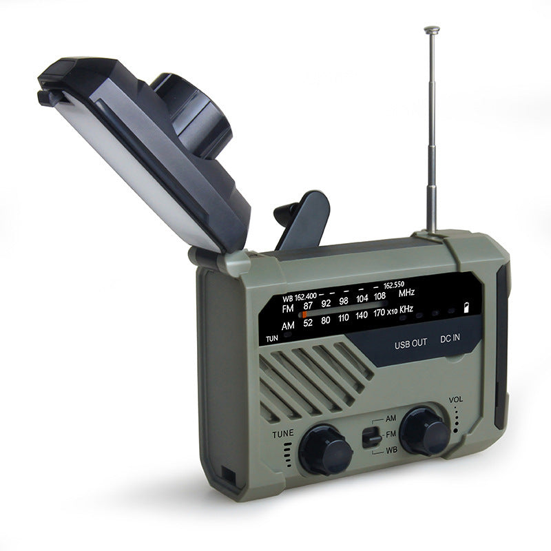 Solar Hand-cranked Flashlight, with LED Lights, Built-in Radio, S.O.S Alarm and 4 Recharging Ways, for Camping, Wild, Home & More