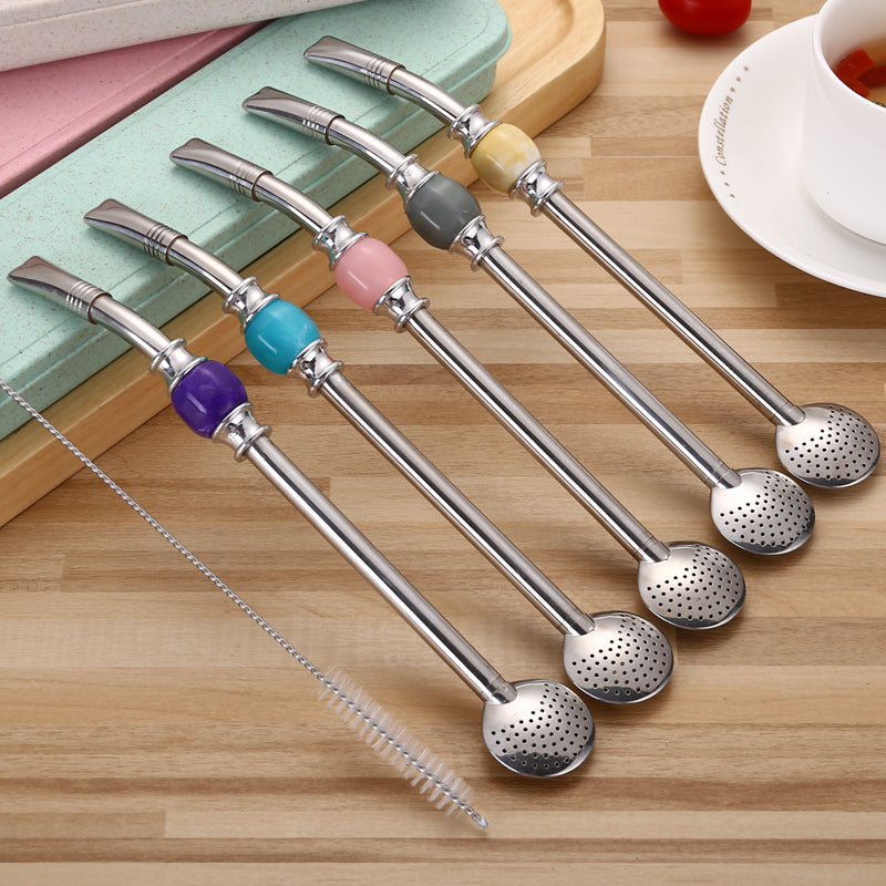 Stainless Steel Reusable Drinking Straws with Filter Spoon, with Storage Box & Cleaning Brush