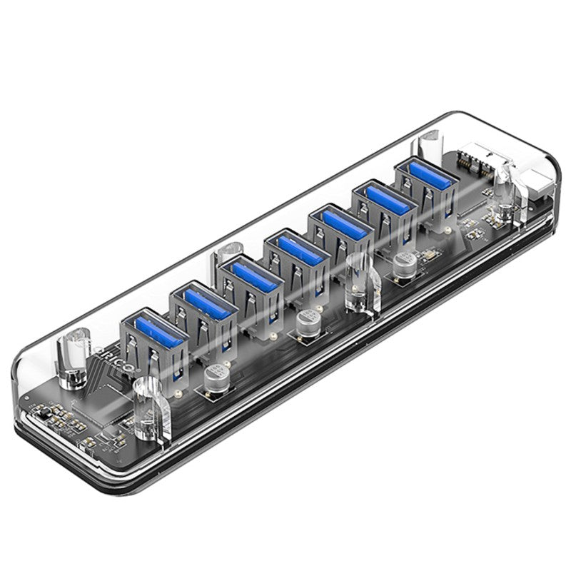7-in-1 Transparent USB3.0 Hub with Power Supply Port, for Office, Study, Game and More