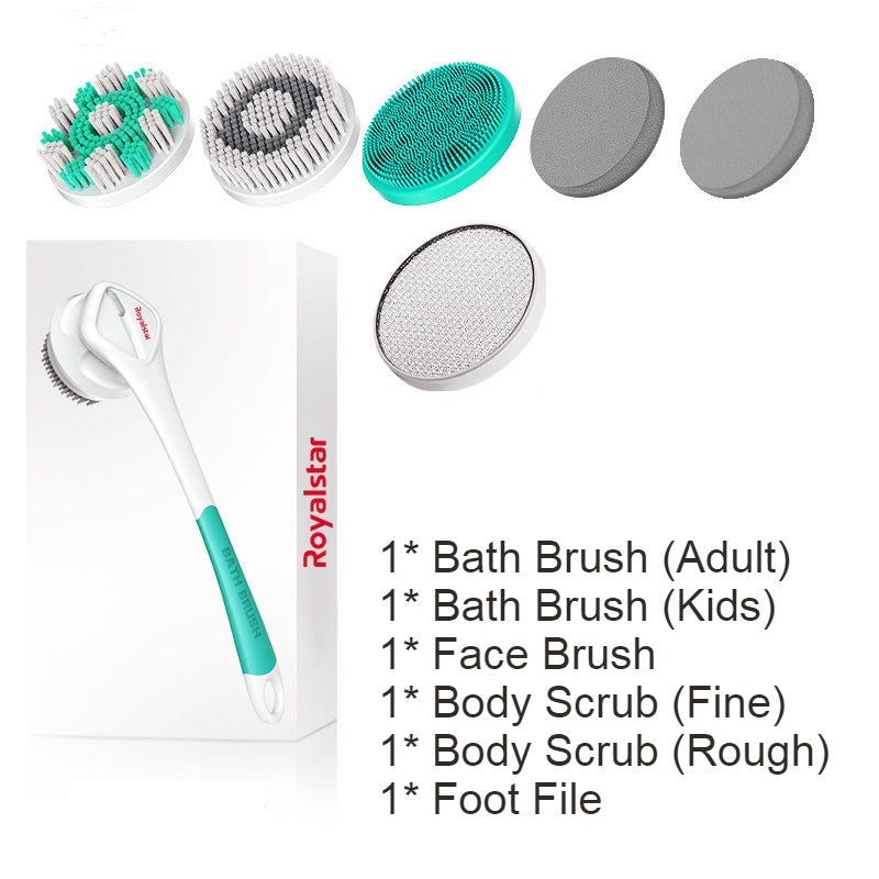All-in-One Rechargeable Body Brush Set, with 7 Replaceable Heads & Long Handle for Body, Face, Foot, Adult & Kids