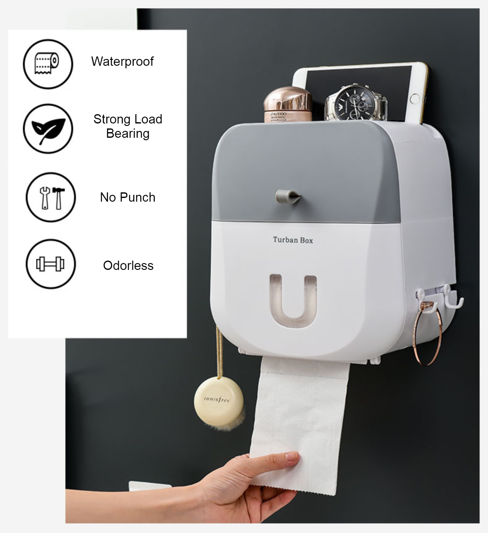 Waterproof & Punch-free Toilet Paper Storage Box & Shelf with Double-layer Design, Strong Bearing Capacity, One-click Opening and Hook