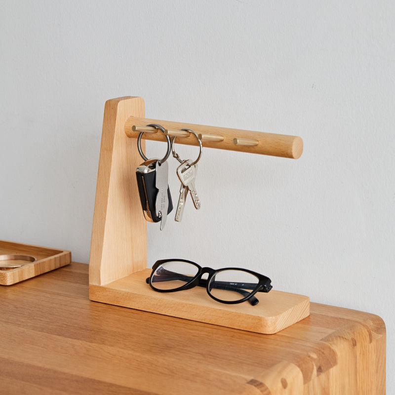 Solid Wood Key Organizer with 6 Key Hooks and Storage Platform, No Installation Required, Suitable for Storing Keys, Glasses, Wallets and More