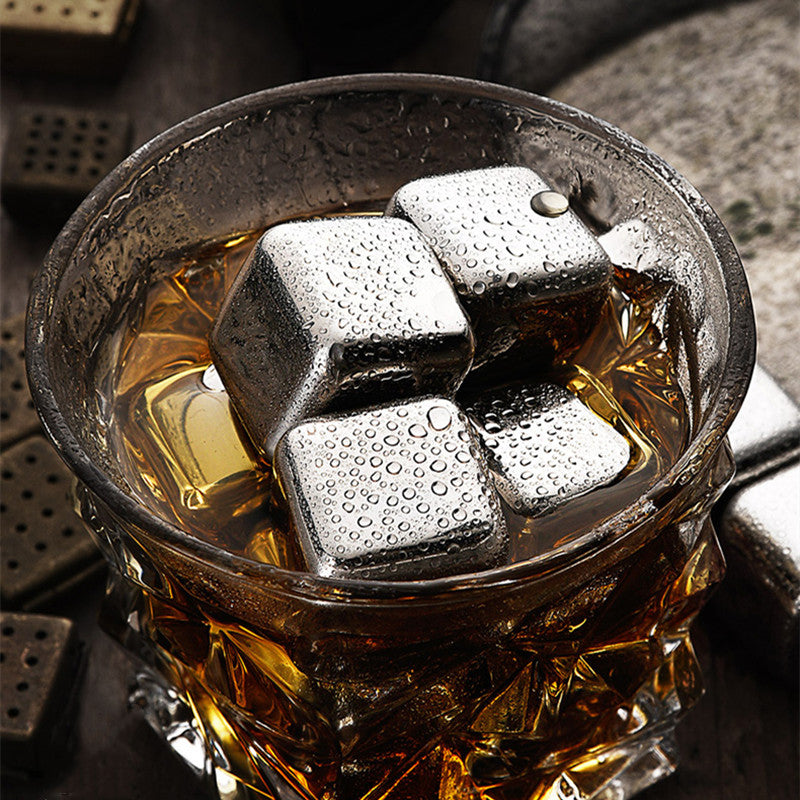 Reusable Stainless Steel Ice Cubes, with Tip Tongs and Storage Tray (Set of 4)