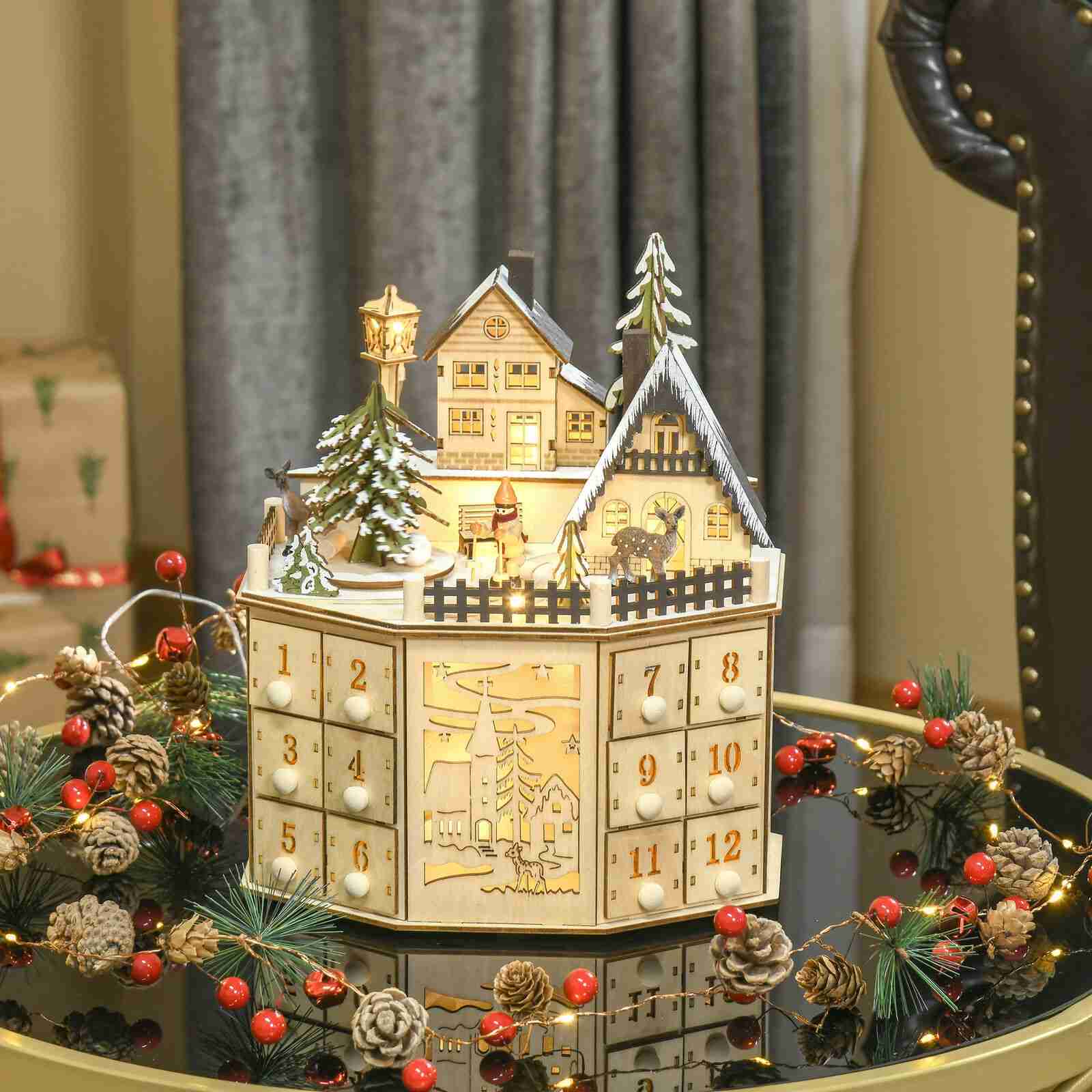 Luminous Christmas Village Advent Calendar | Revolving Wooden Music Box