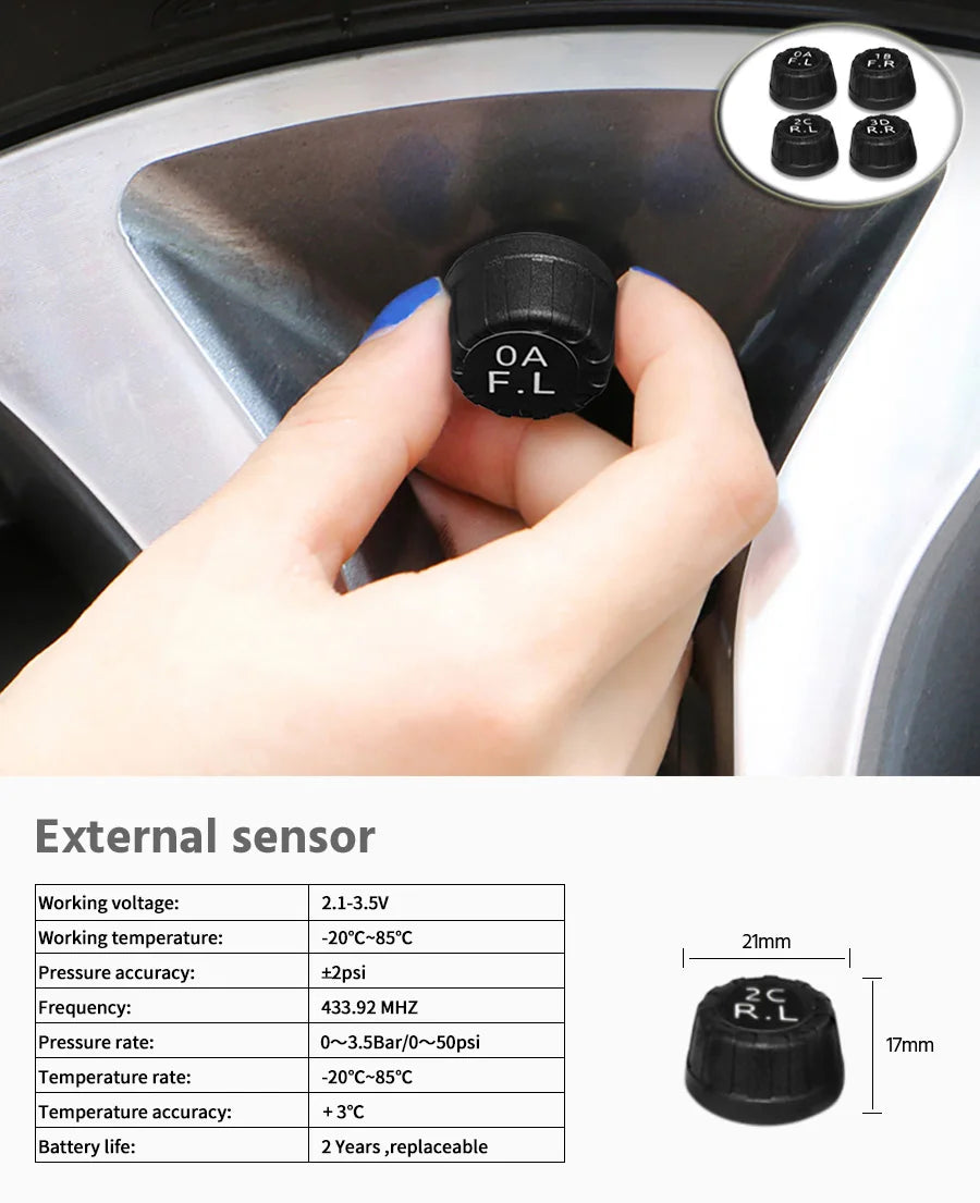 Wireless Smart LCD Display Tire Pressure Monitoring System for Cars with 4 Sensors