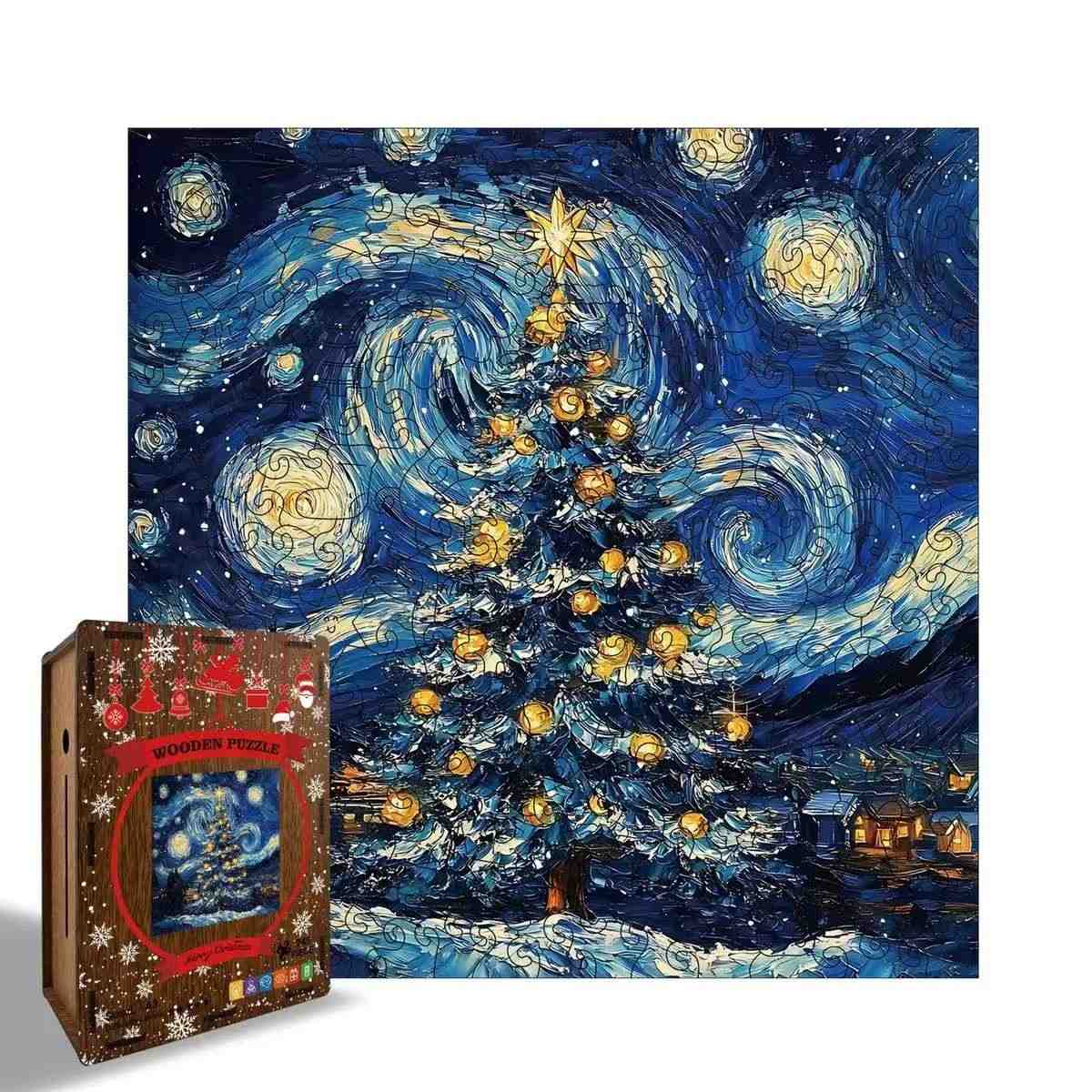 Starry Night Christmas Tree Wooden Jigsaw Puzzle