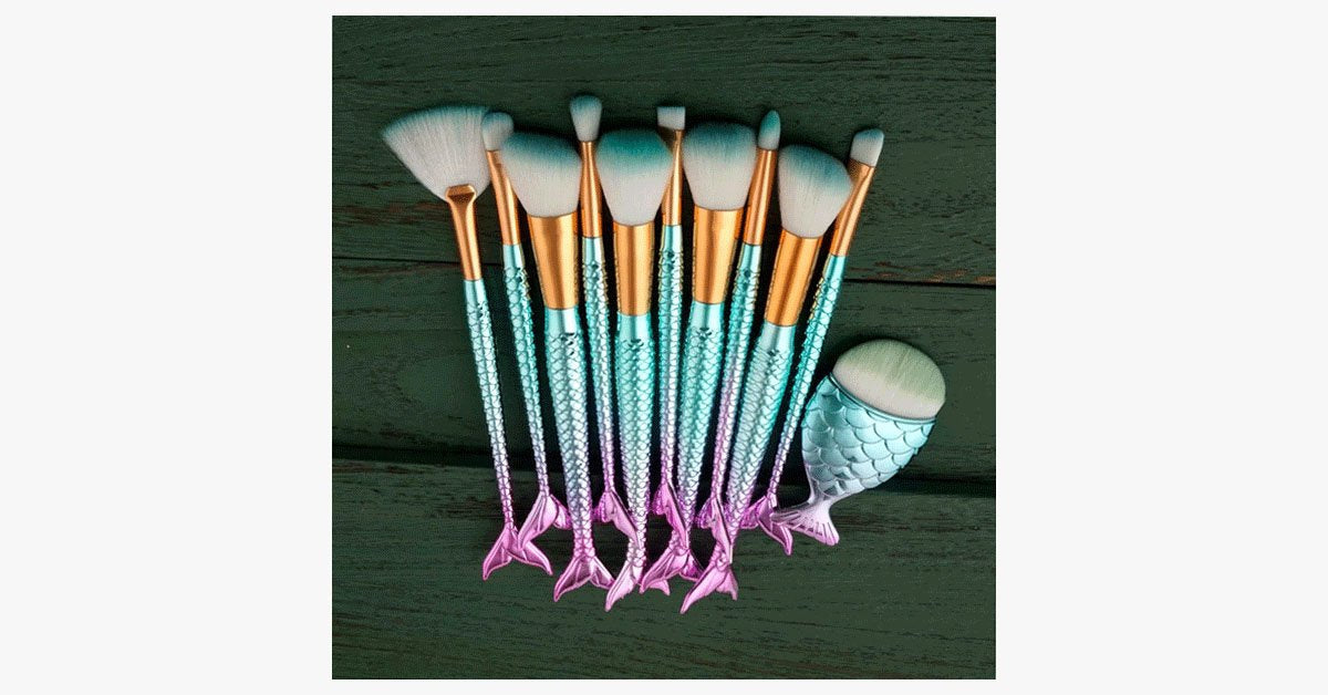 Mermaid Makeup Brush Set with FREE Contour Brush - Professional Cosmetic Brush for Eyeshadow, Eyeliner, Blush & Concealer