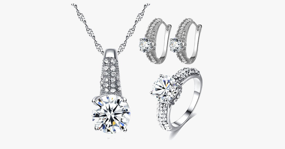 Cubic Zirconia Necklace Set With Earrings And Ring