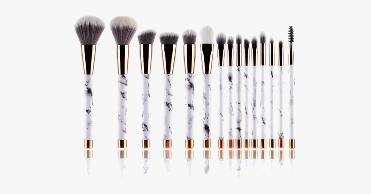 Pro Makeup Brush Set of 15 with Rose and Marble Pattern - Perfect for All Makeup Uses
