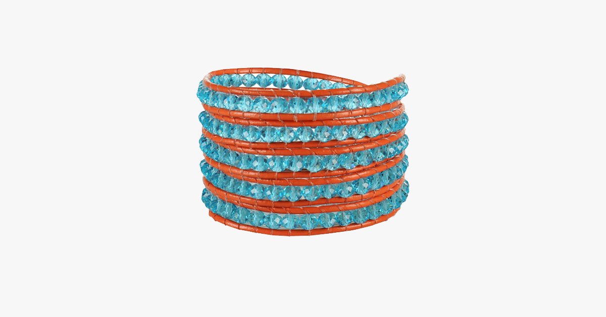 Crystal Blue Beads on Red Leather Wrap Bracelet