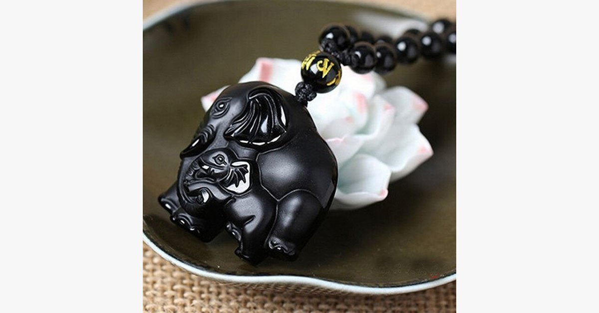 Natural Obsidian Elephant Necklace