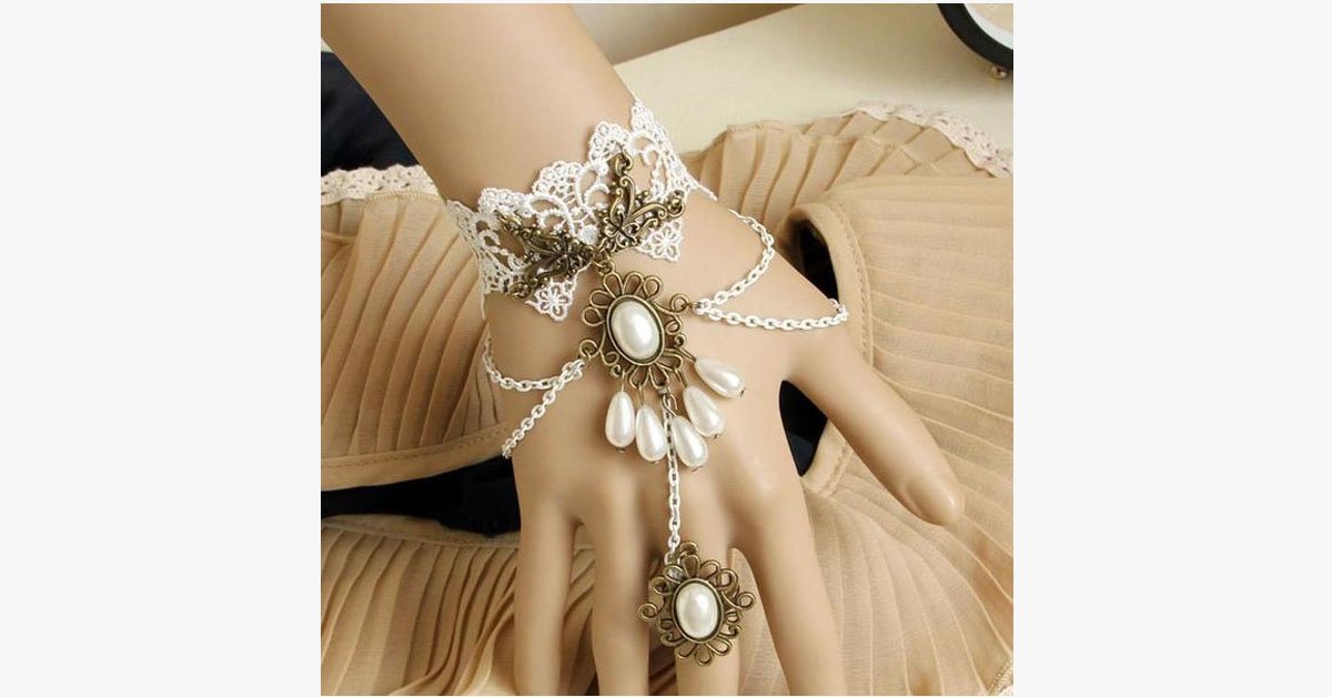 White Pearl Ring-to-Wrist Bracelet