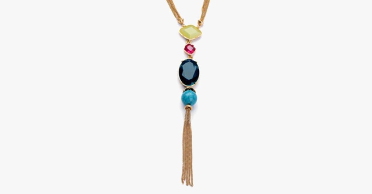Long Multi-Colored Gem Stone Tassel Necklace