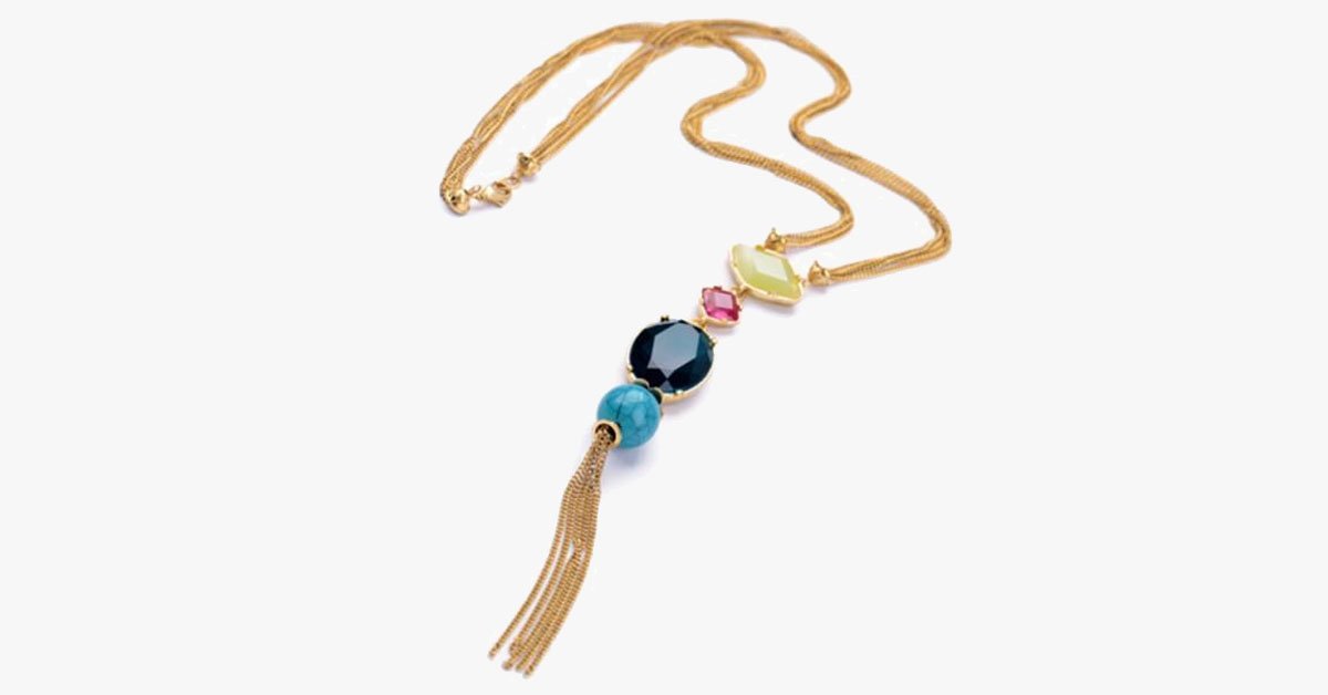 Long Multi-Colored Gem Stone Tassel Necklace