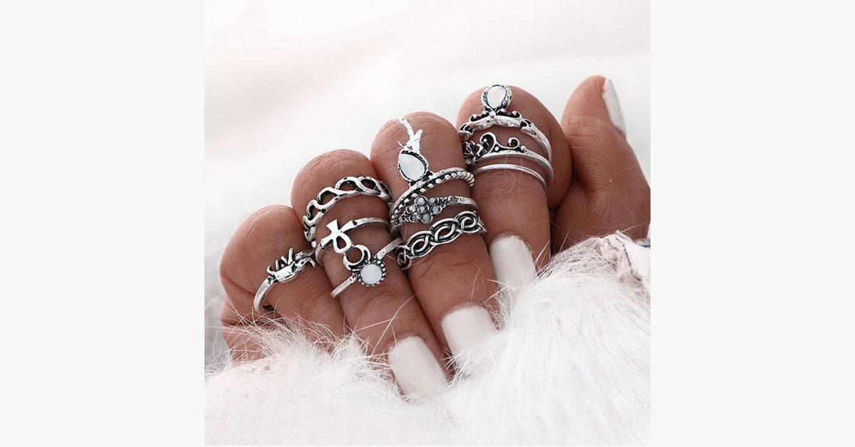 Vintage Flower Midi Rings 10pcs Set