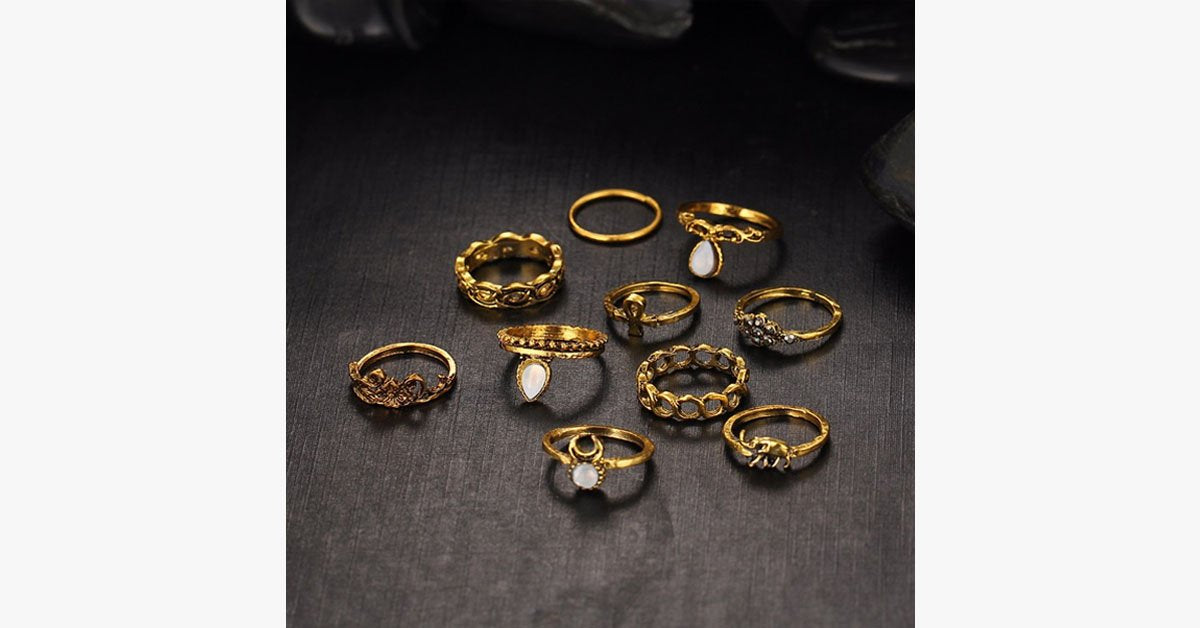 Vintage Flower Midi Rings 10pcs Set