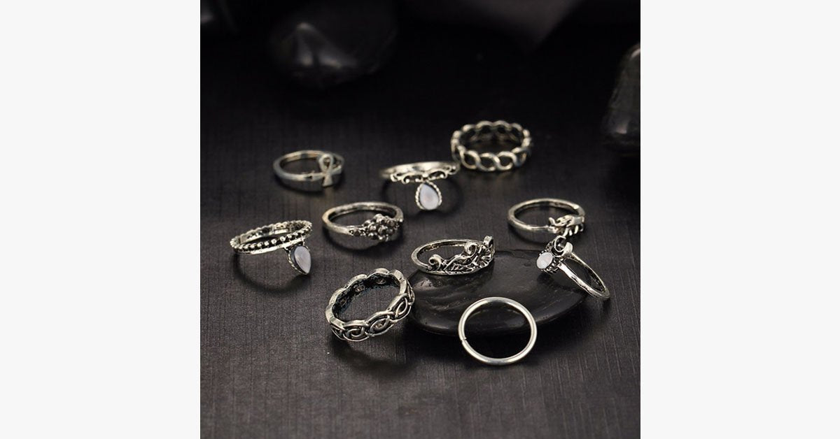 Vintage Flower Midi Rings 10pcs Set