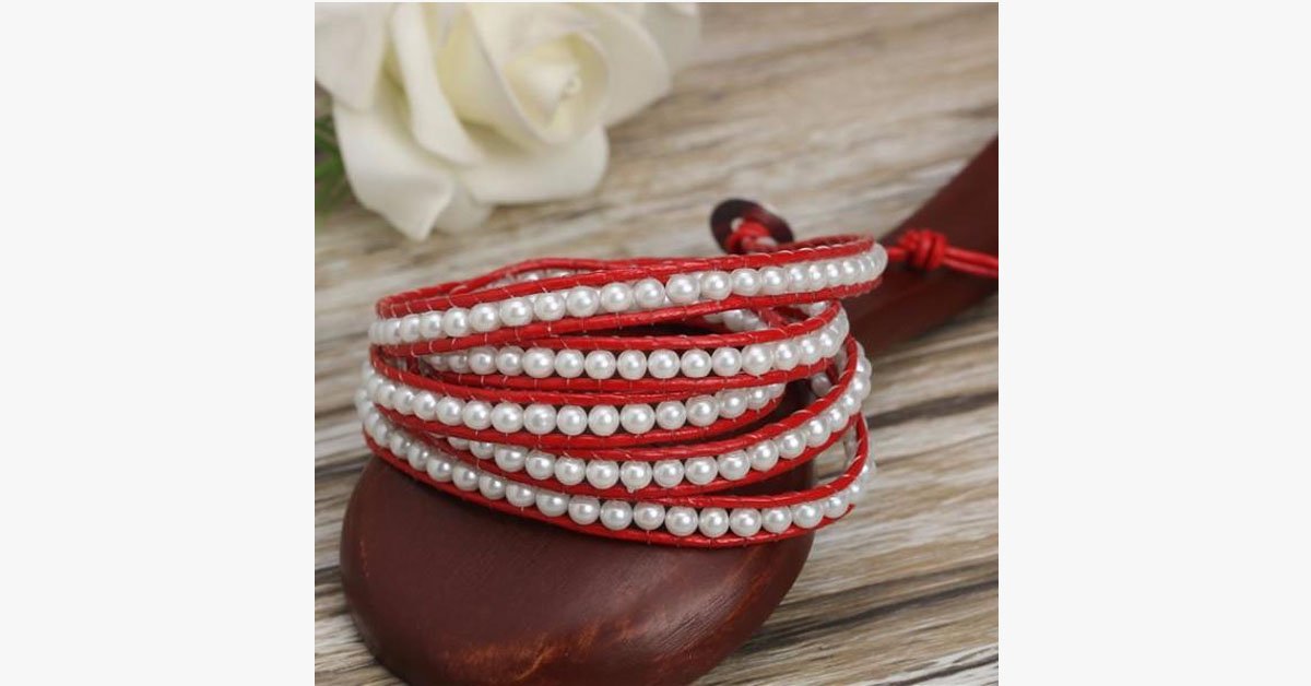 White Pearl on Red Leather Bracelet