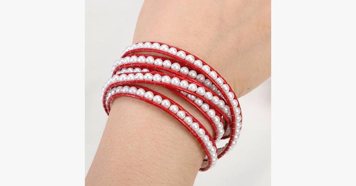 White Pearl on Red Leather Bracelet