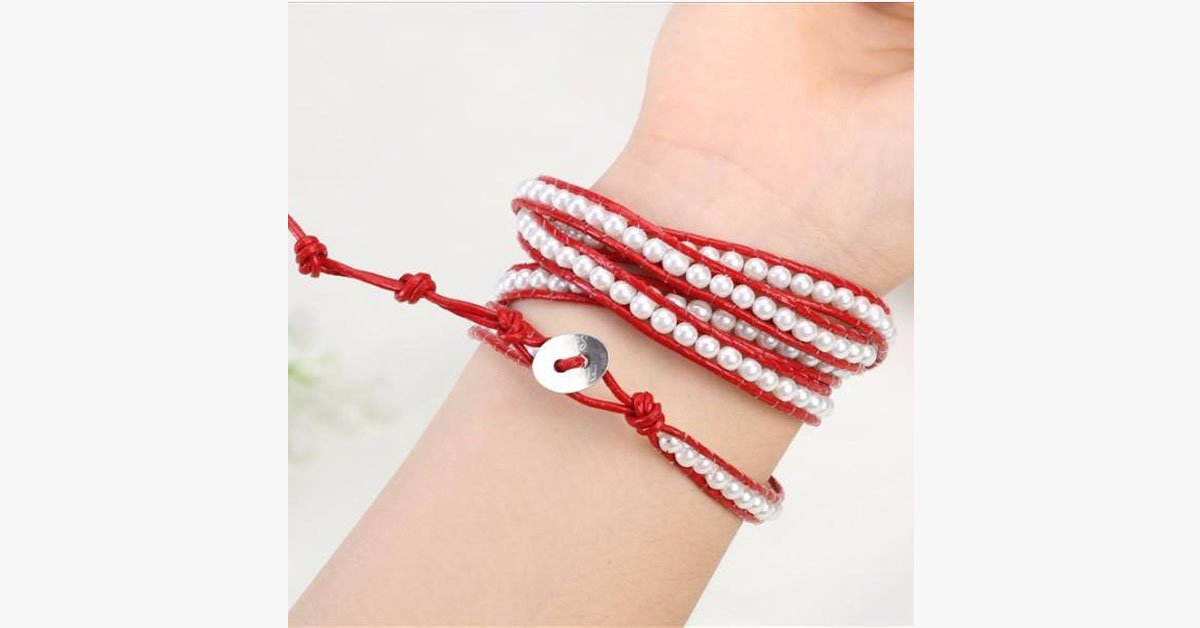 White Pearl on Red Leather Bracelet