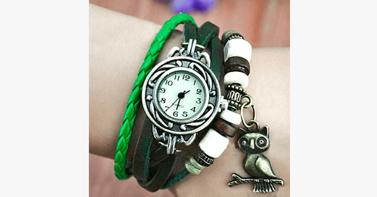 Owl Vintage Wrap Watch with Boho Chic Style Bracelet - Woven Cuff Style Bracelet Watch for a Funky Look!