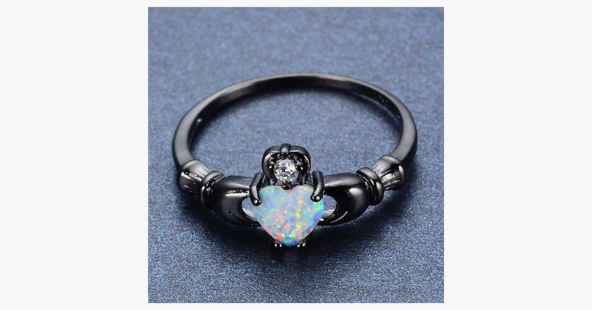 Elegant Rainbow Opal Heart Black Gold Filled Solitaire Ring