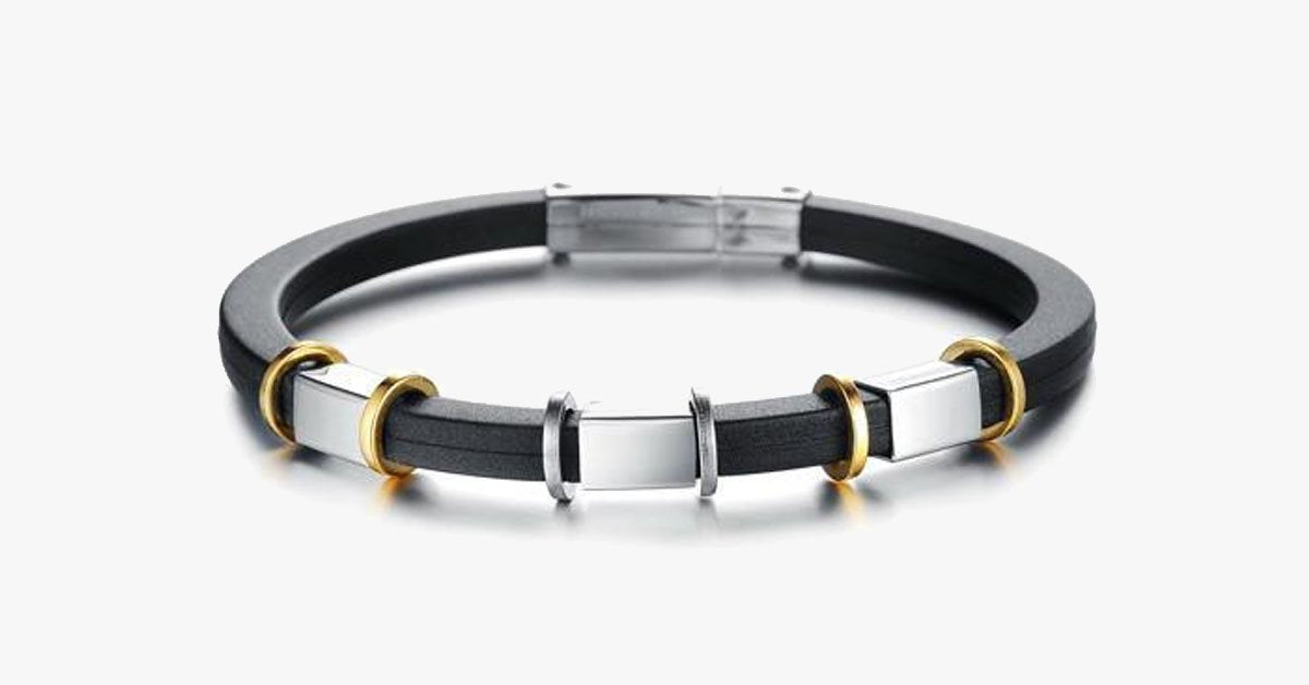 Punk Gold Stainless Steel Black Genuine Silicone Men's Bracelet