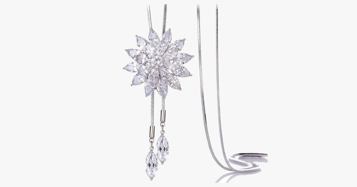 White Crystal Sunflower Tassel Long Necklace - Metallic Link Chain Crystal Simulated Necklace for a sophisticated Look