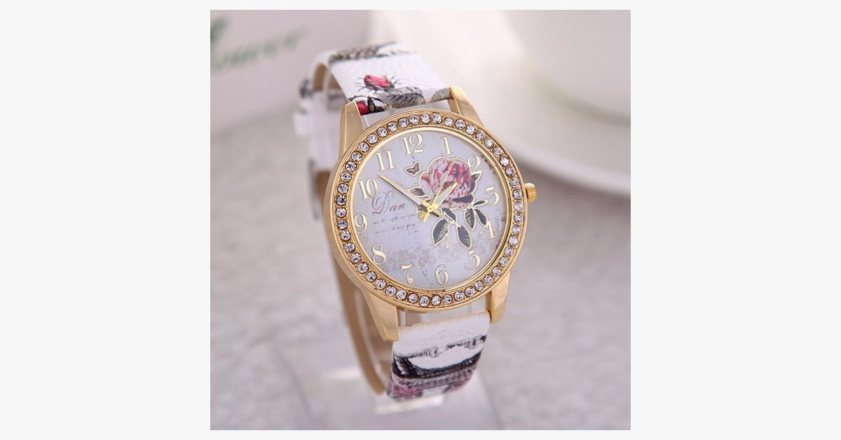Elegant Rose Wrist Watch - Multicolor Quartz Watch with Leather Band