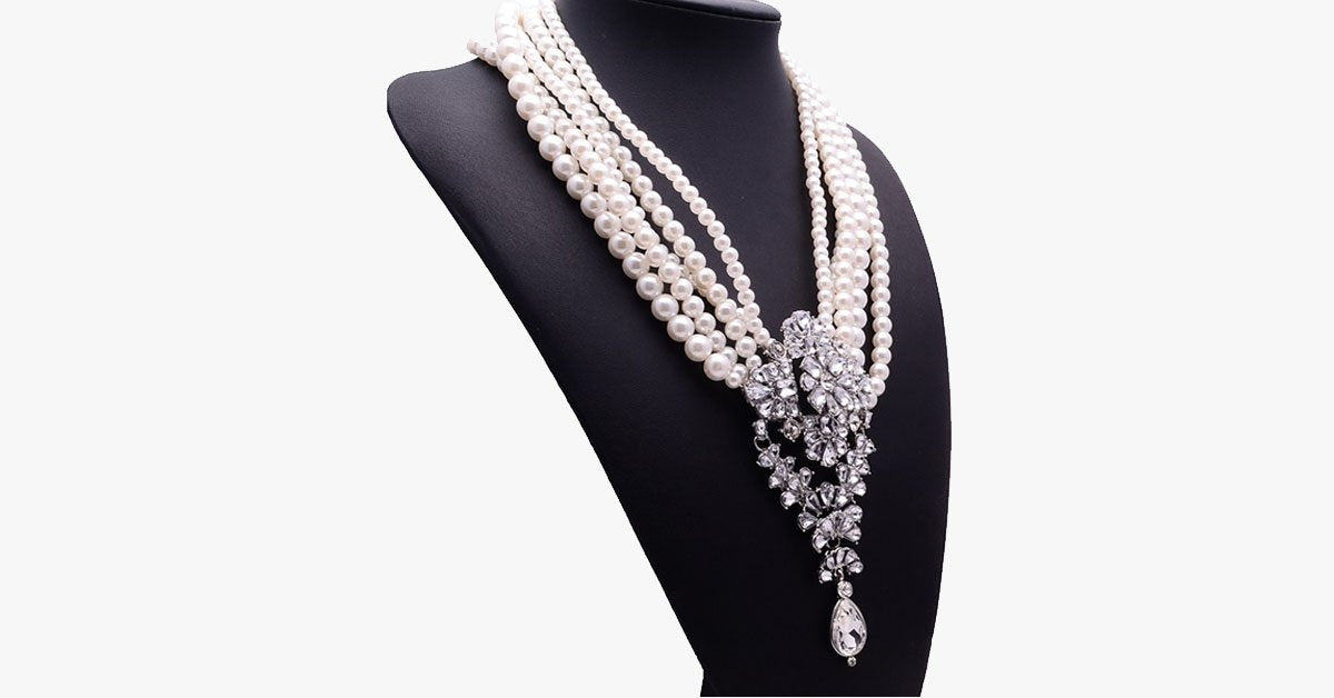 Royal Rhinestone Pearl Beads Long Necklace