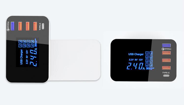 5-port QC 3.0 USB & Type-C Wired & Wireless Charge Station with Digital Display