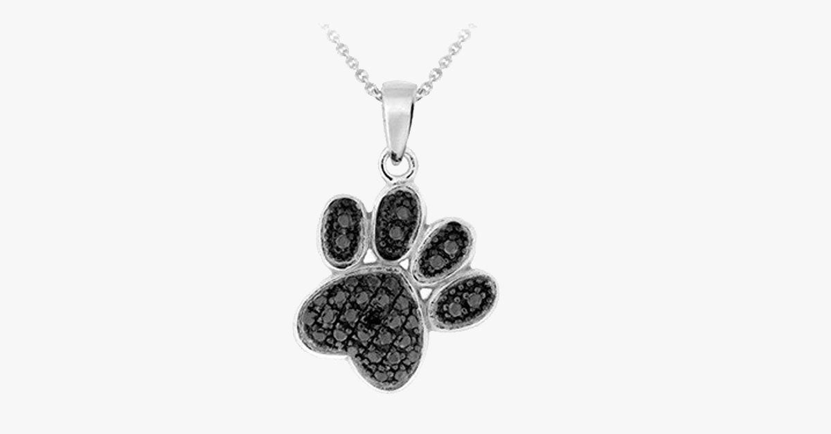 Silver Overlay Black Diamond Accent Paw Print Pendant with 18" Chain