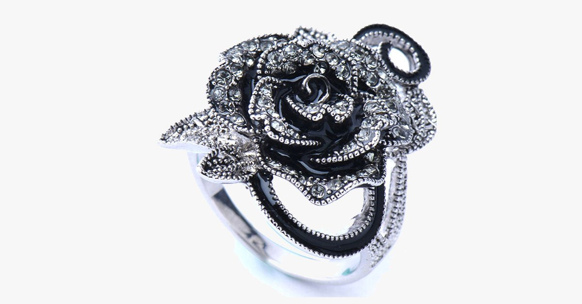 Black Rose Silver Plated Crystal Ring