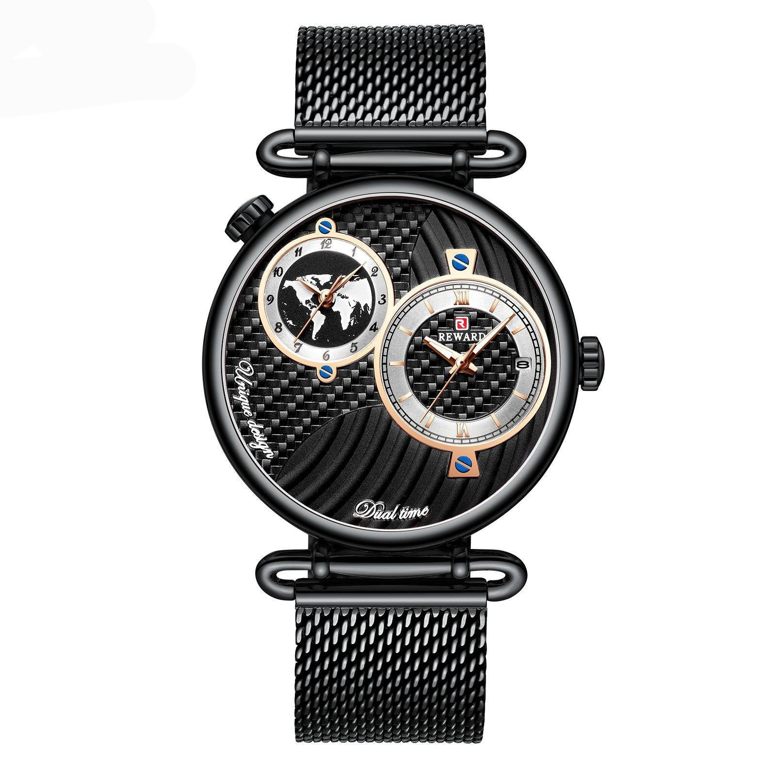 Men's Waterproof Japanese Quartz Watch, With Two Time Zone & Stainless Steel Band